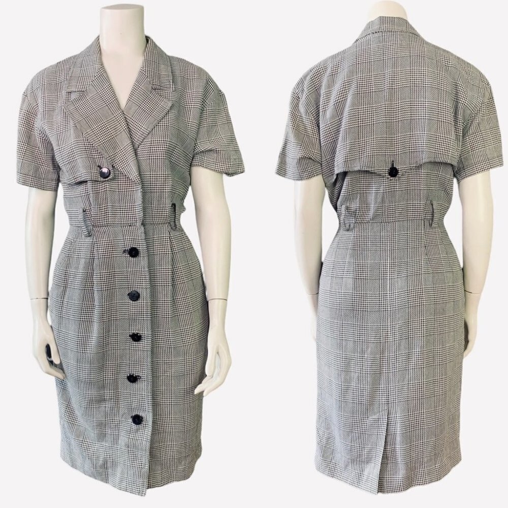 VINTAGE DANA BUCHMAN BLACK HOUNDSTOOTH BUTTON DOWN CLASSIC  POCKET DRESS …